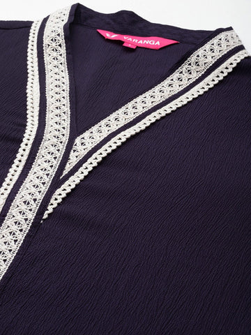 Varanga Women Navy Blue Cotton Lace Detailed Kurta Set